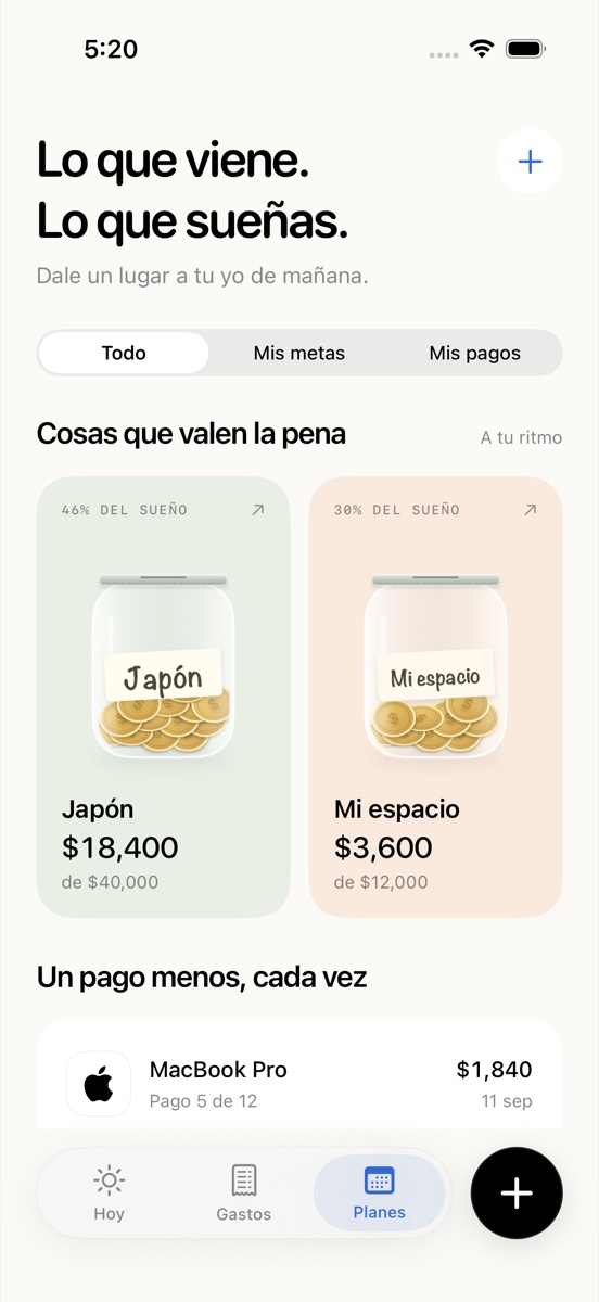 Vista de metas de auremi con tarros de ahorro de ejemplo